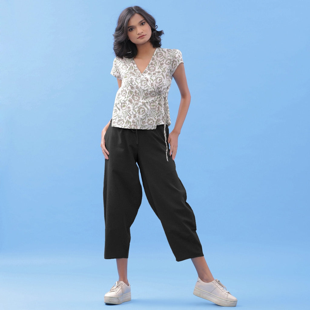 Black Cotton Flax Elasticated Paneled Pant