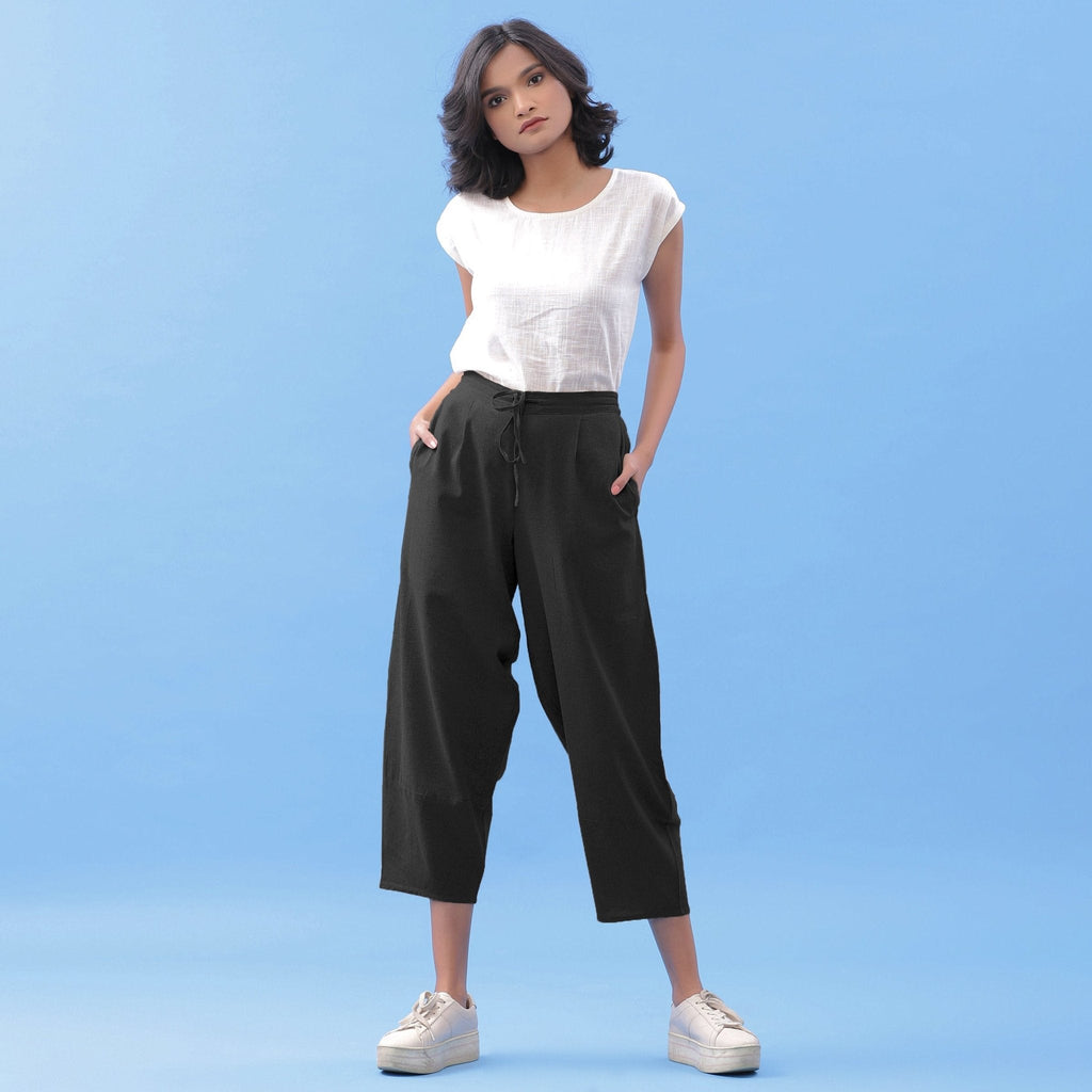 Black Cotton Flax Elasticated Paneled Pant