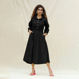 Black Yarn-Dyed Cotton Button-Down Yoked Maxi Dress