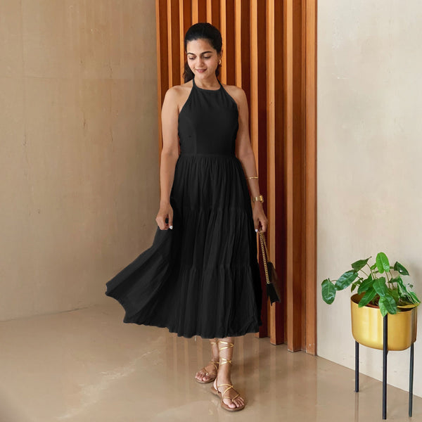 Black 100% Cotton Halter Neck Tier Midi Dress