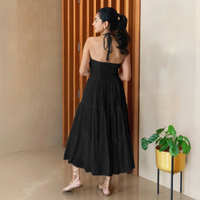 Black 100% Cotton Halter Neck Tier Midi Dress