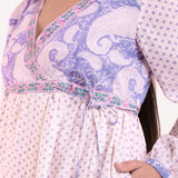 Front Detail of a Model wearing White Block Printed Cotton Knee Length Wrap Dress