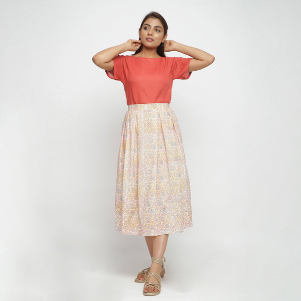 Front View of a Model wearing Sanganeri Pleated Block Printed Skirt