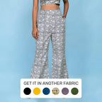 Front View of a Model wearing Block Printed Slate Blue Cotton Bootcut Pant