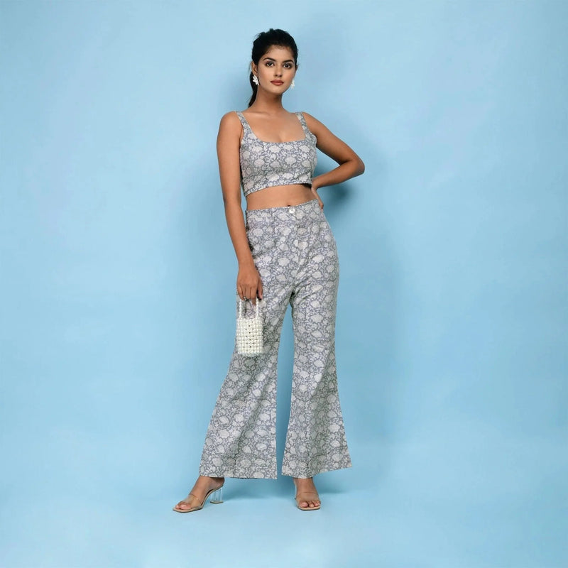 Front View of a Model wearing Block Printed Slate Blue Cotton Bootcut Pant