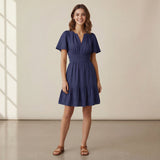 Blue 100% Cotton Elasticated Short Tier Dress