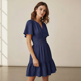 Blue 100% Cotton Elasticated Short Tier Dress