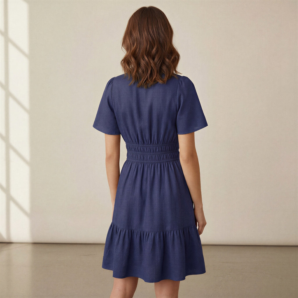 Blue 100% Cotton Elasticated Short Tier Dress