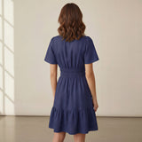 Blue 100% Cotton Elasticated Short Tier Dress