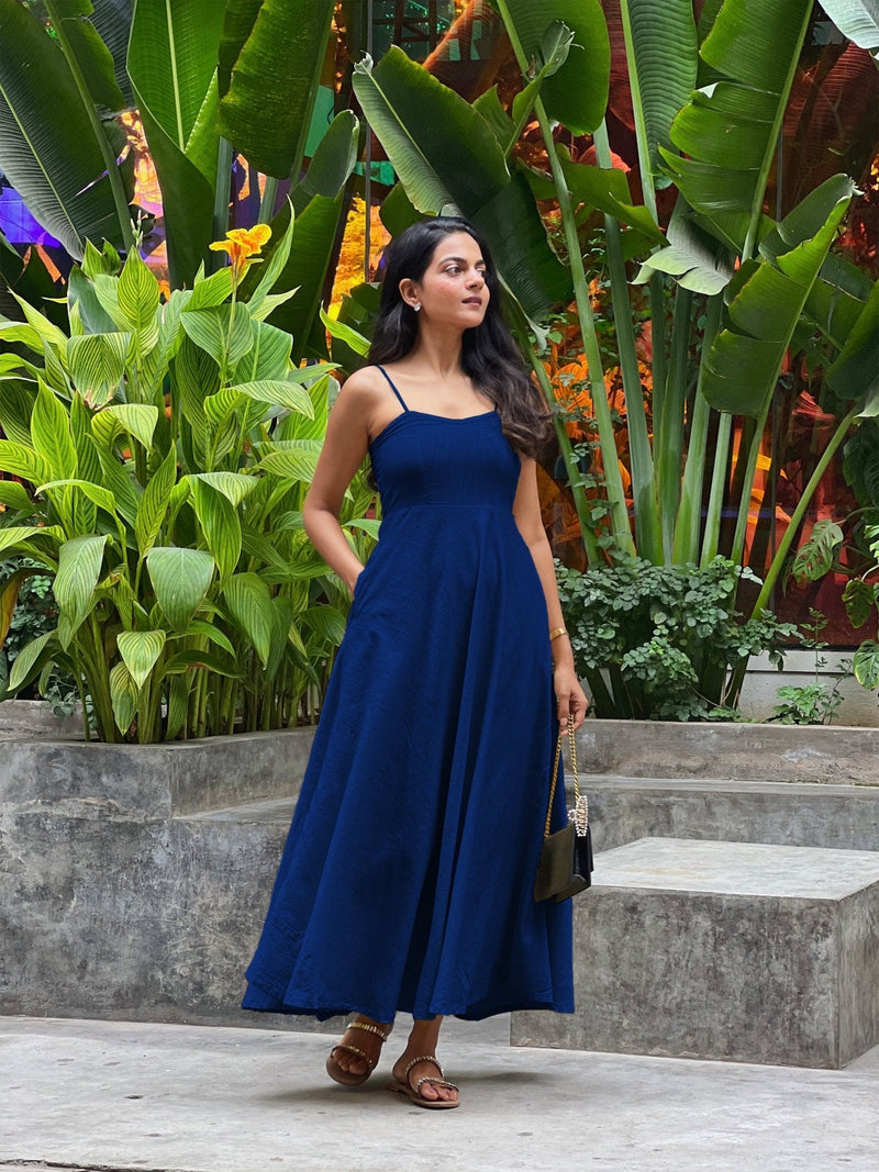 Blue 100% Cotton Flared Sundress