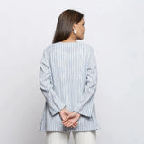 Back View of a Model wearing Blue and White Striped V-Neck Shrug