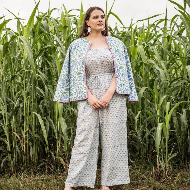 Front View of a Model wearing Blue Straight Tube Neck Jumpsuit