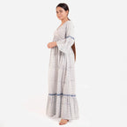 Left View of a Model wearing Blue Block Printed Floor Length Bohemian Cotton Dress