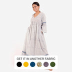 Front View of a Model wearing Blue Block Printed Floor Length Bohemian Cotton Dress