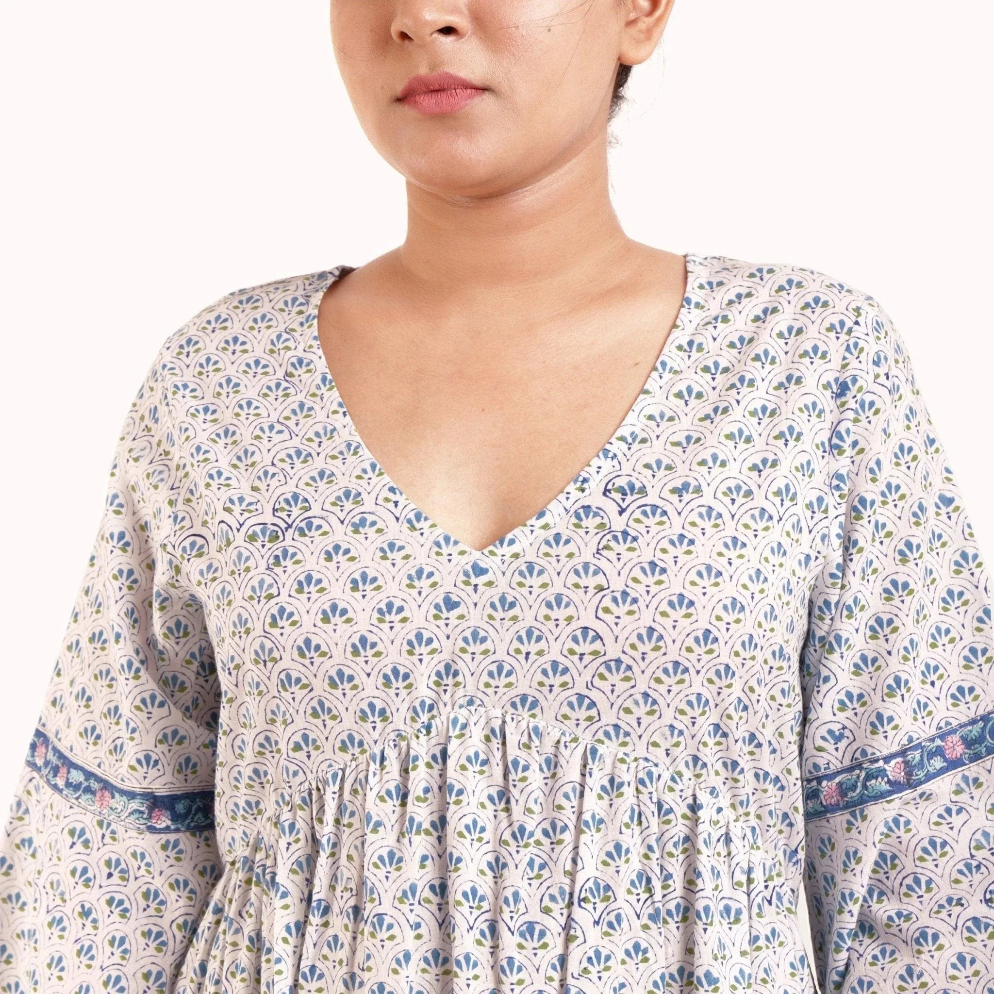 Front Detail of a Model wearing Blue Block Printed Floor Length Bohemian Cotton Dress