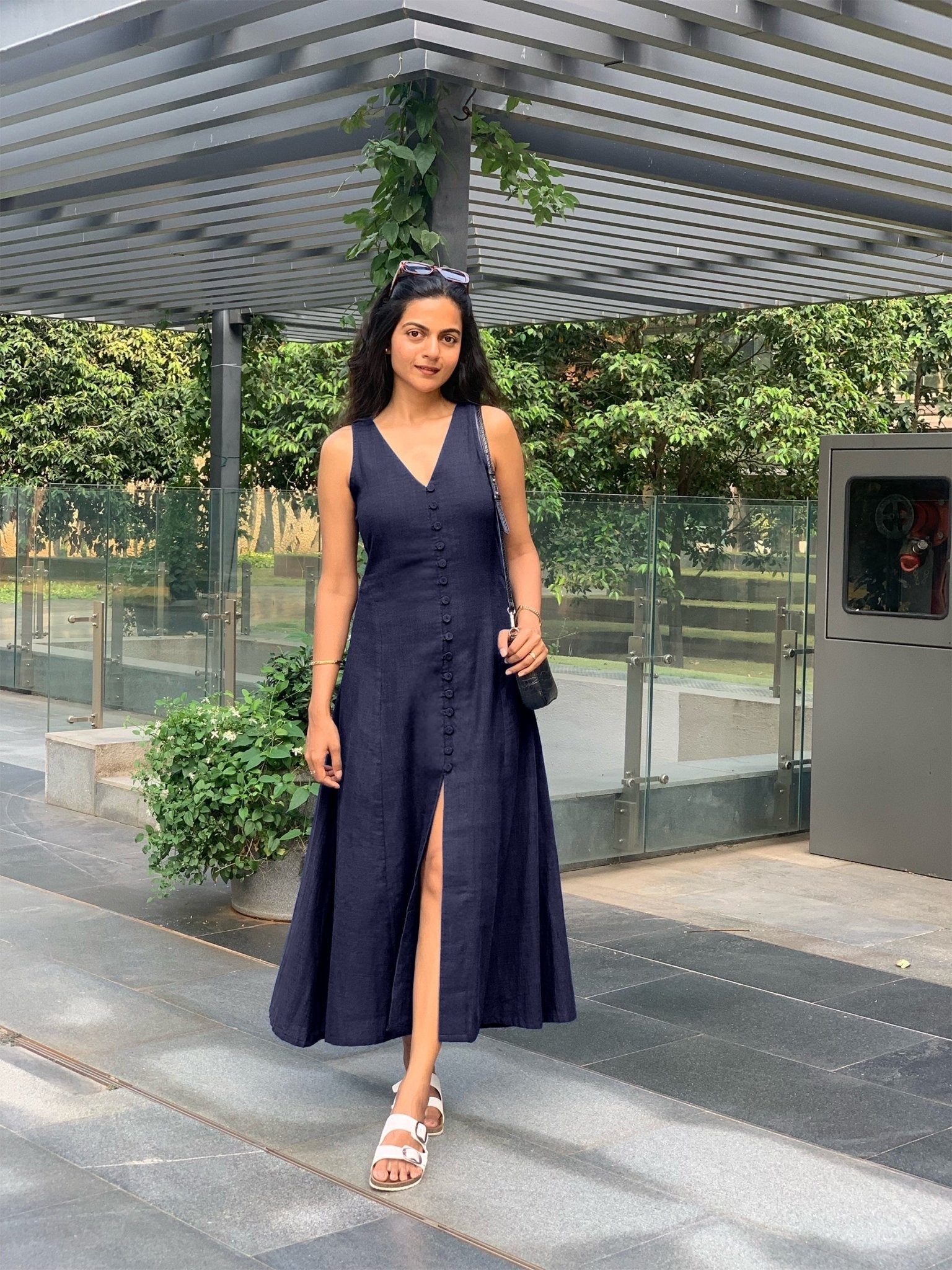 Blue Cotton Flax A-Line Front Slit Maxi Dress