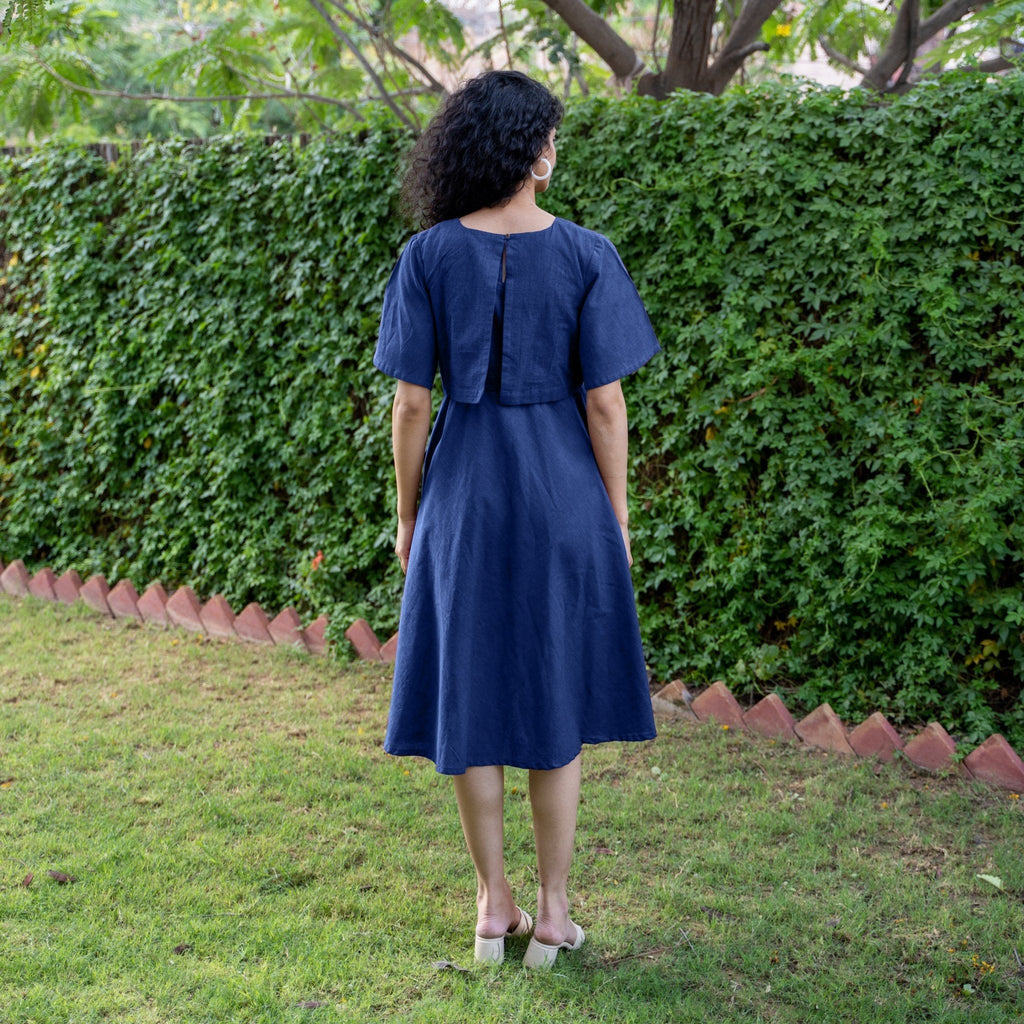 Blue Cotton Flax Fit and Flare Knee Length Pre and Post Maternity Dress