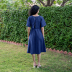 Blue Cotton Flax Fit and Flare Knee Length Pre and Post Maternity Dress