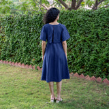 Blue Cotton Flax Fit and Flare Knee Length Pre and Post Maternity Dress