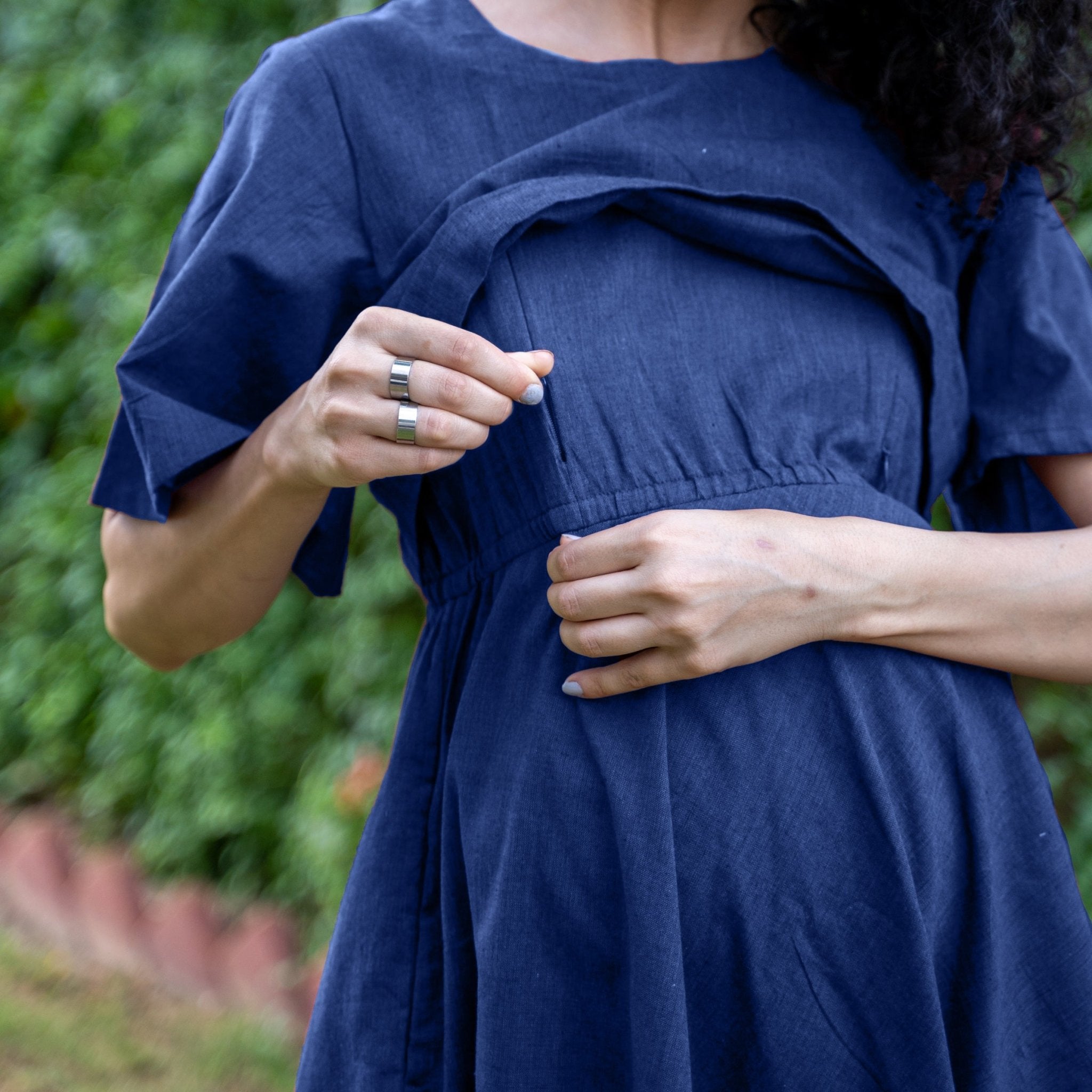 Blue Cotton Flax Fit and Flare Knee Length Pre and Post Maternity Dress