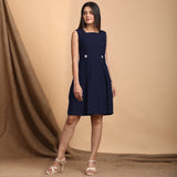 Blue Cotton Flax Pleated Square Neck Short Sleeveless Dress