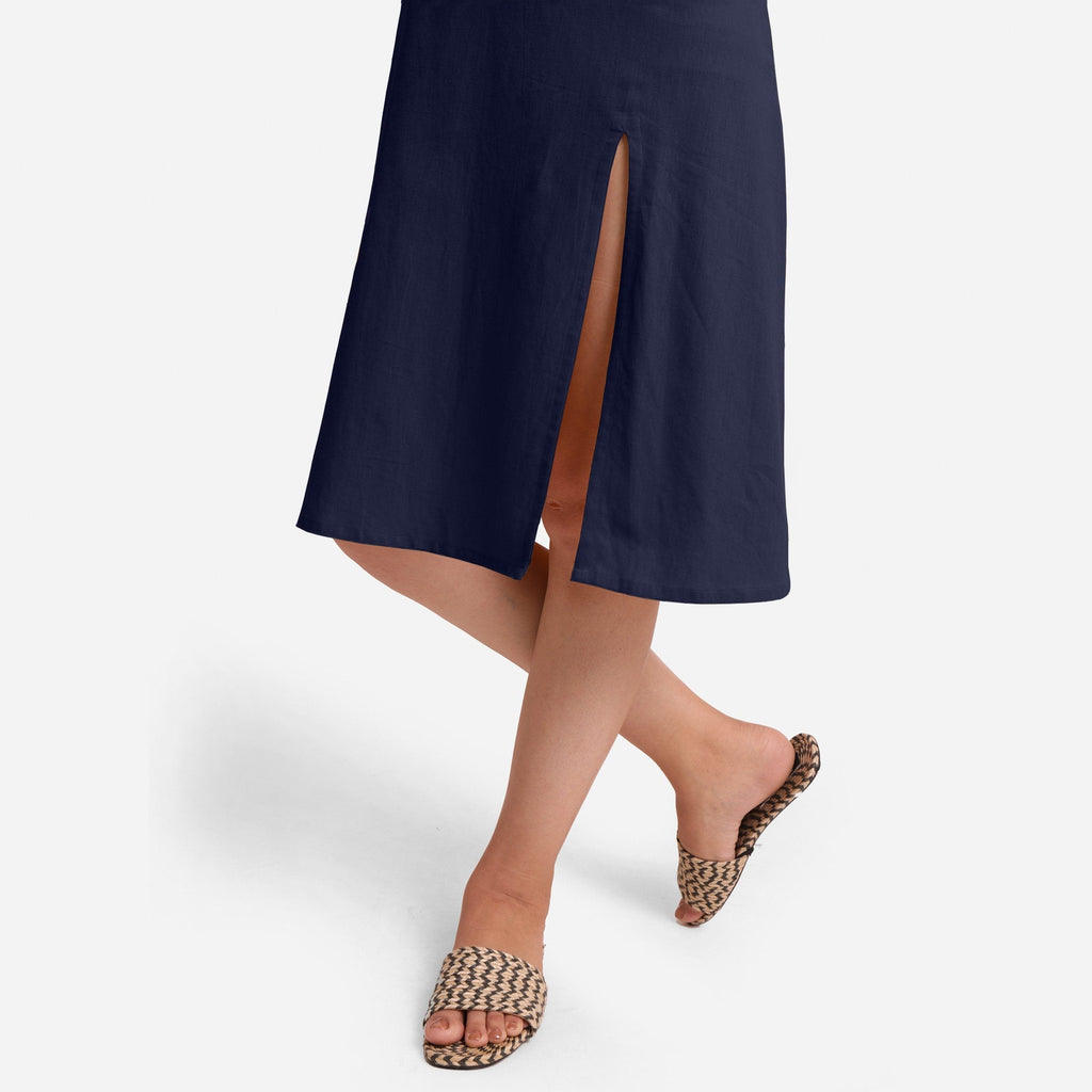 Front Detail of a Model wearing Blue Cotton Flax Strappy Slit Dress