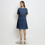 Blue Cotton Linen Yoked Knee Length Shift Dress