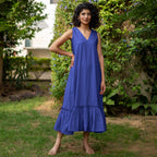 Blue Cotton Poplin A-Line Deep Neck Sleeveless Maxi Dress