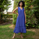 Blue Cotton Poplin A-Line Deep Neck Sleeveless Maxi Dress