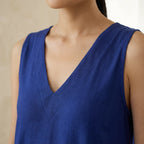 Blue Cotton Poplin A-Line V-Neck Sleeveless Maxi Tier Dress