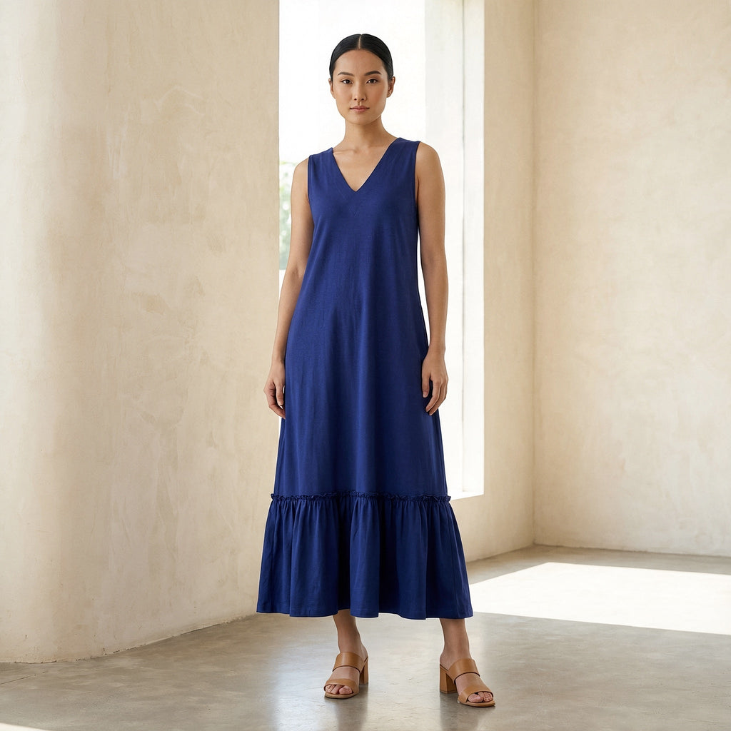 Blue Cotton Poplin A-Line V-Neck Sleeveless Maxi Tier Dress