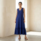 Blue Cotton Poplin A-Line V-Neck Sleeveless Maxi Tier Dress