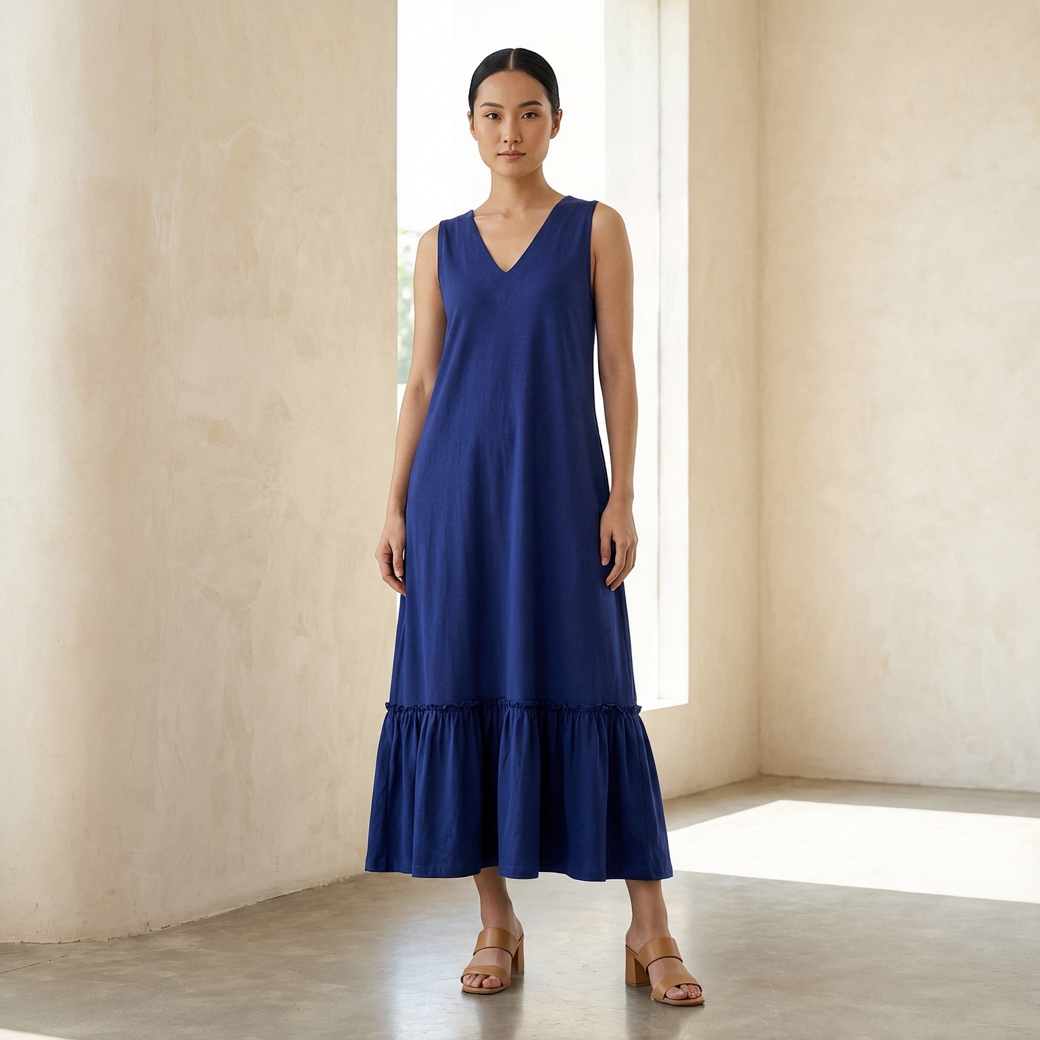 Blue Cotton Poplin A-Line V-Neck Sleeveless Maxi Tier Dress