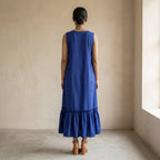 Blue Cotton Poplin A-Line V-Neck Sleeveless Maxi Tier Dress