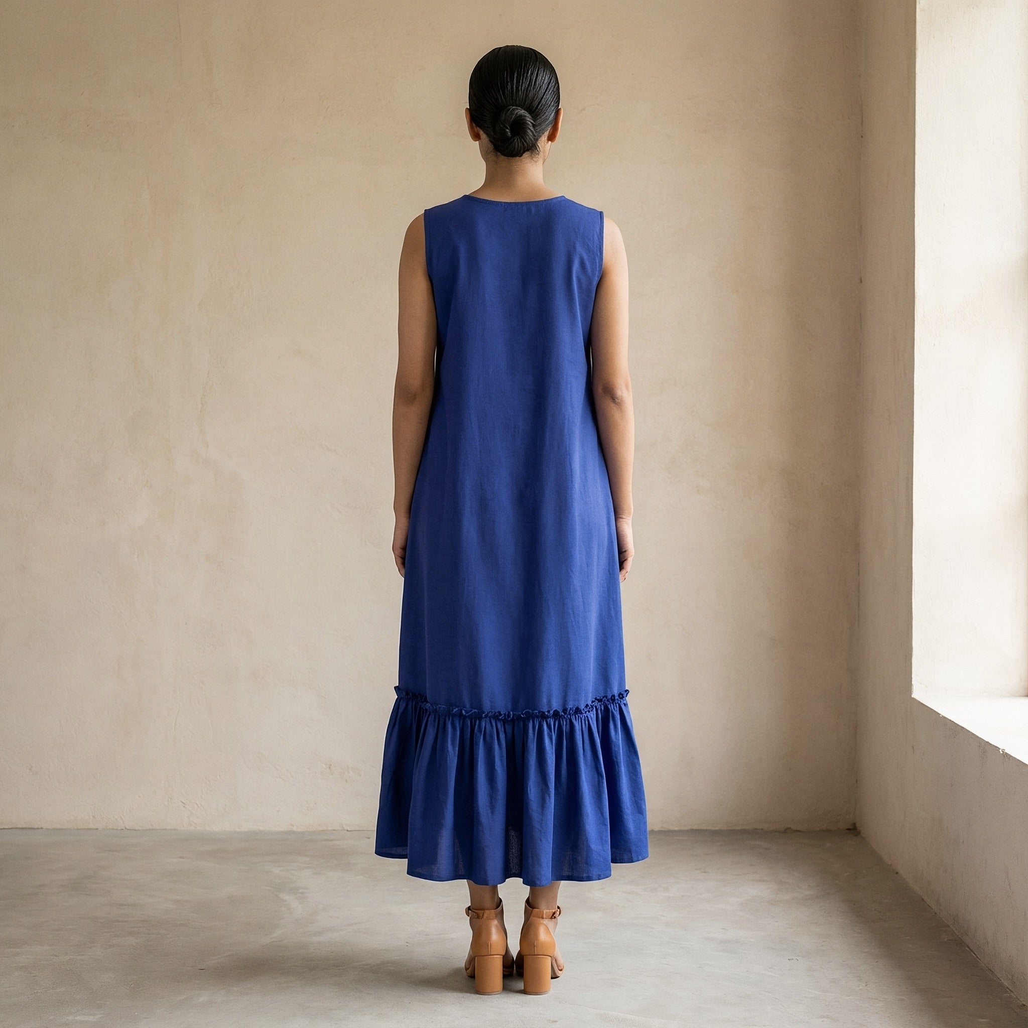 Blue Cotton Poplin A-Line V-Neck Sleeveless Maxi Tier Dress