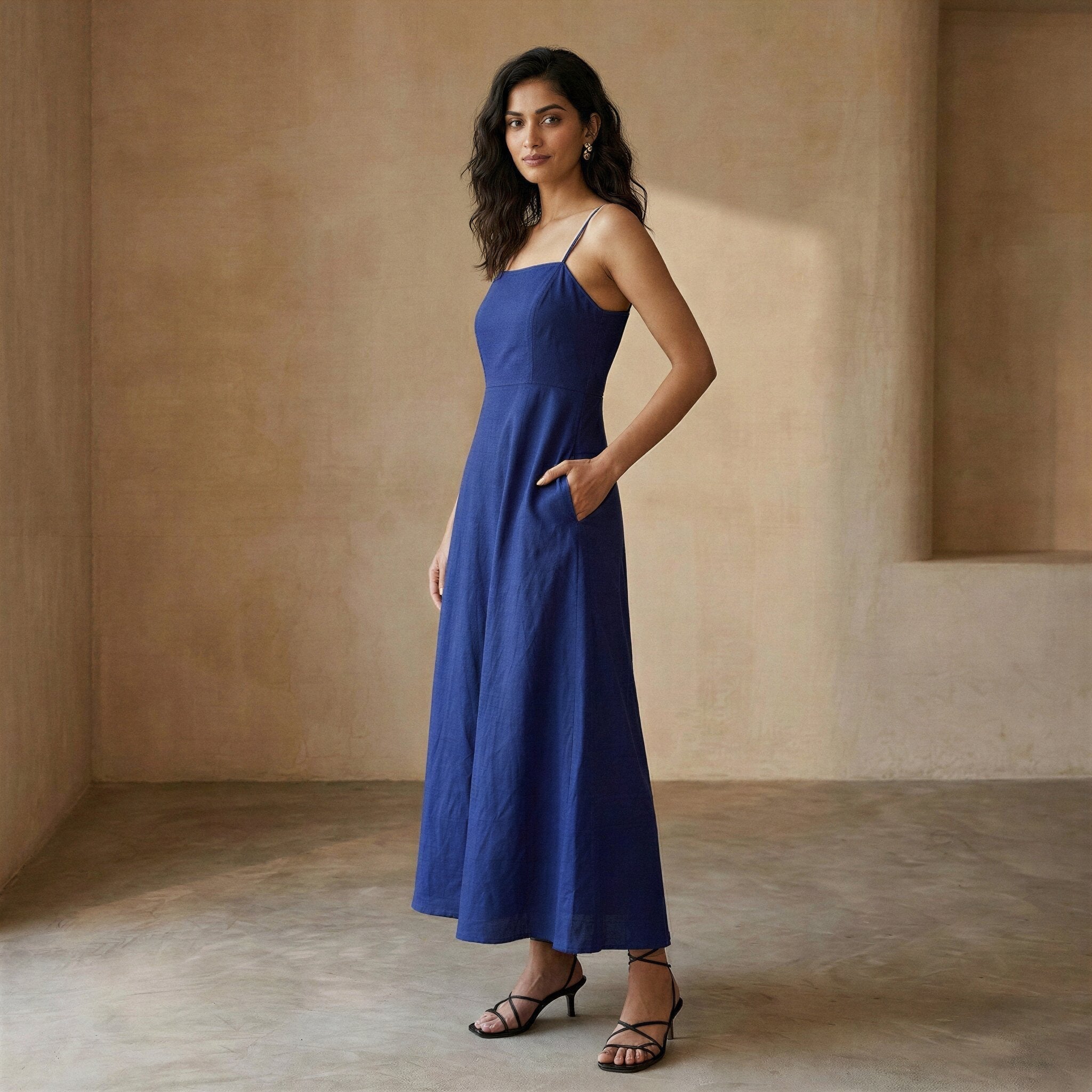 Blue Cotton Poplin Ankle Length Flared Sundress