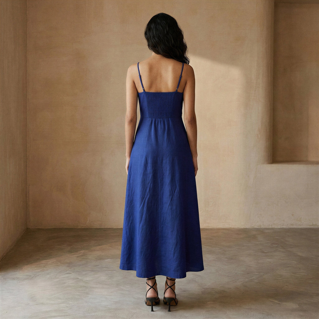 Blue Cotton Poplin Ankle Length Flared Sundress