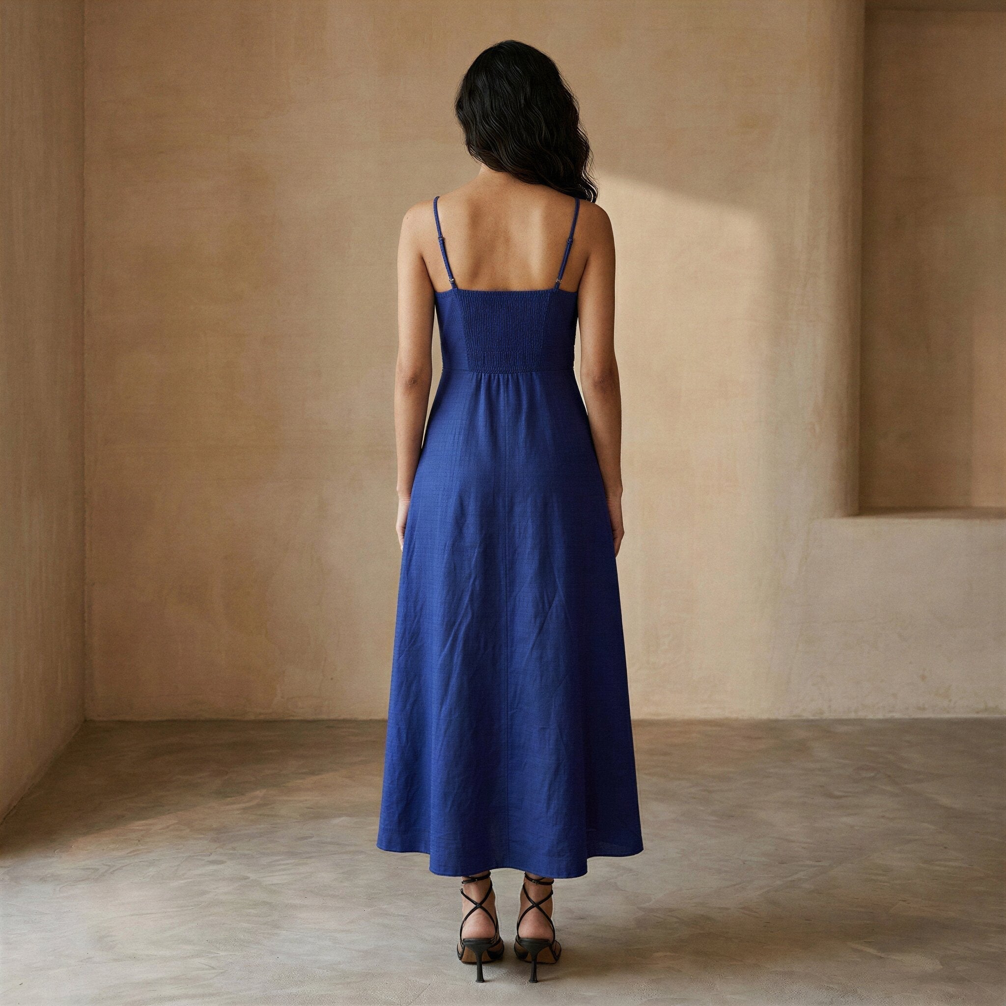 Blue Cotton Poplin Ankle Length Flared Sundress
