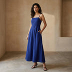 Blue Cotton Poplin Ankle Length Flared Sundress