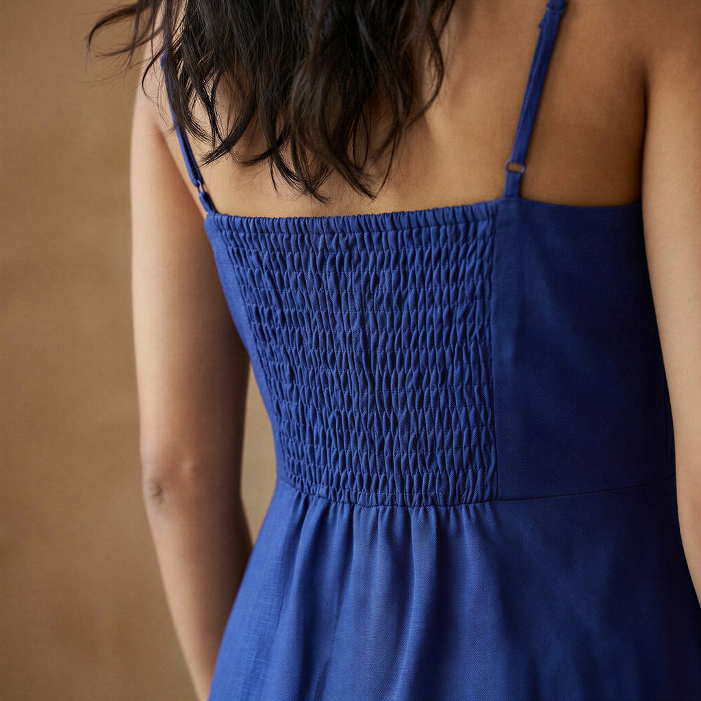 Blue Cotton Poplin Ankle Length Flared Sundress