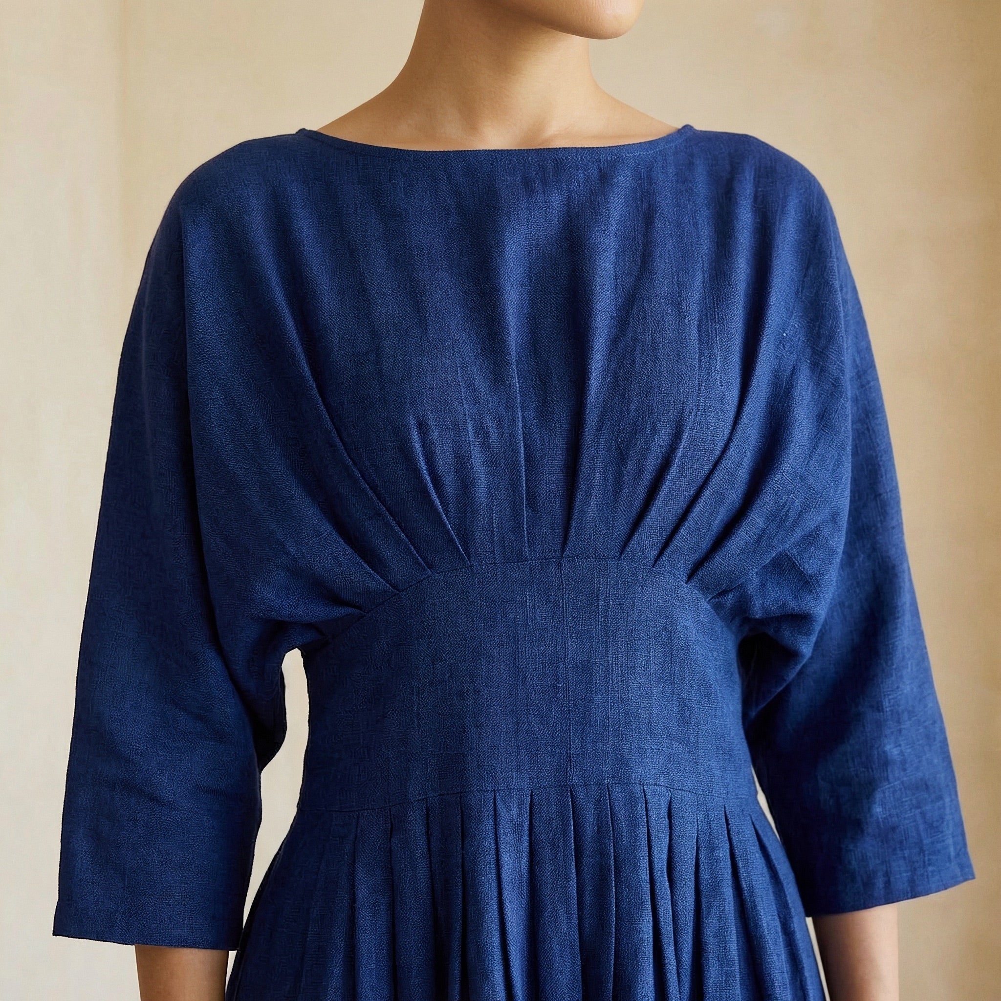 Blue Cotton Poplin Cinched Waist Flared Maxi Dress