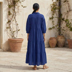 Blue Cotton Poplin Deep-V Maxi Tier Dress