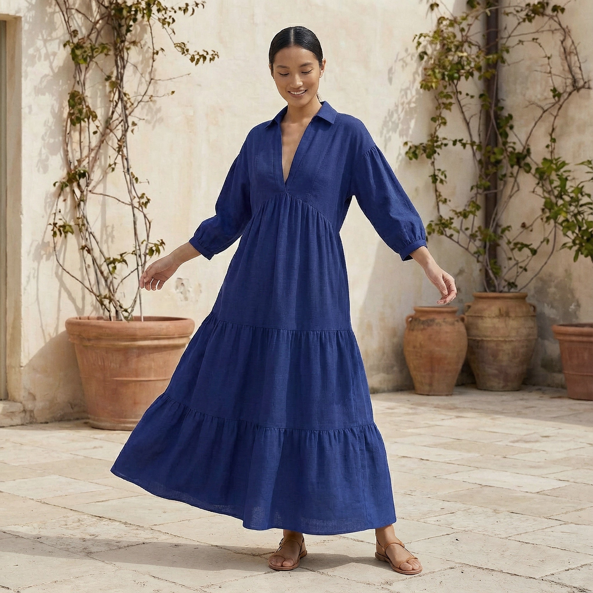 Blue Cotton Poplin Deep-V Maxi Tier Dress