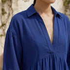 Blue Cotton Poplin Deep-V Maxi Tier Dress