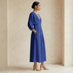 Blue Cotton Poplin Deep-V Neck Empire Waist Maxi Dress