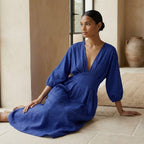 Blue Cotton Poplin Deep-V Neck Empire Waist Maxi Dress