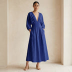Blue Cotton Poplin Deep-V Neck Empire Waist Maxi Dress
