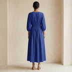 Blue Cotton Poplin Deep-V Neck Empire Waist Maxi Dress