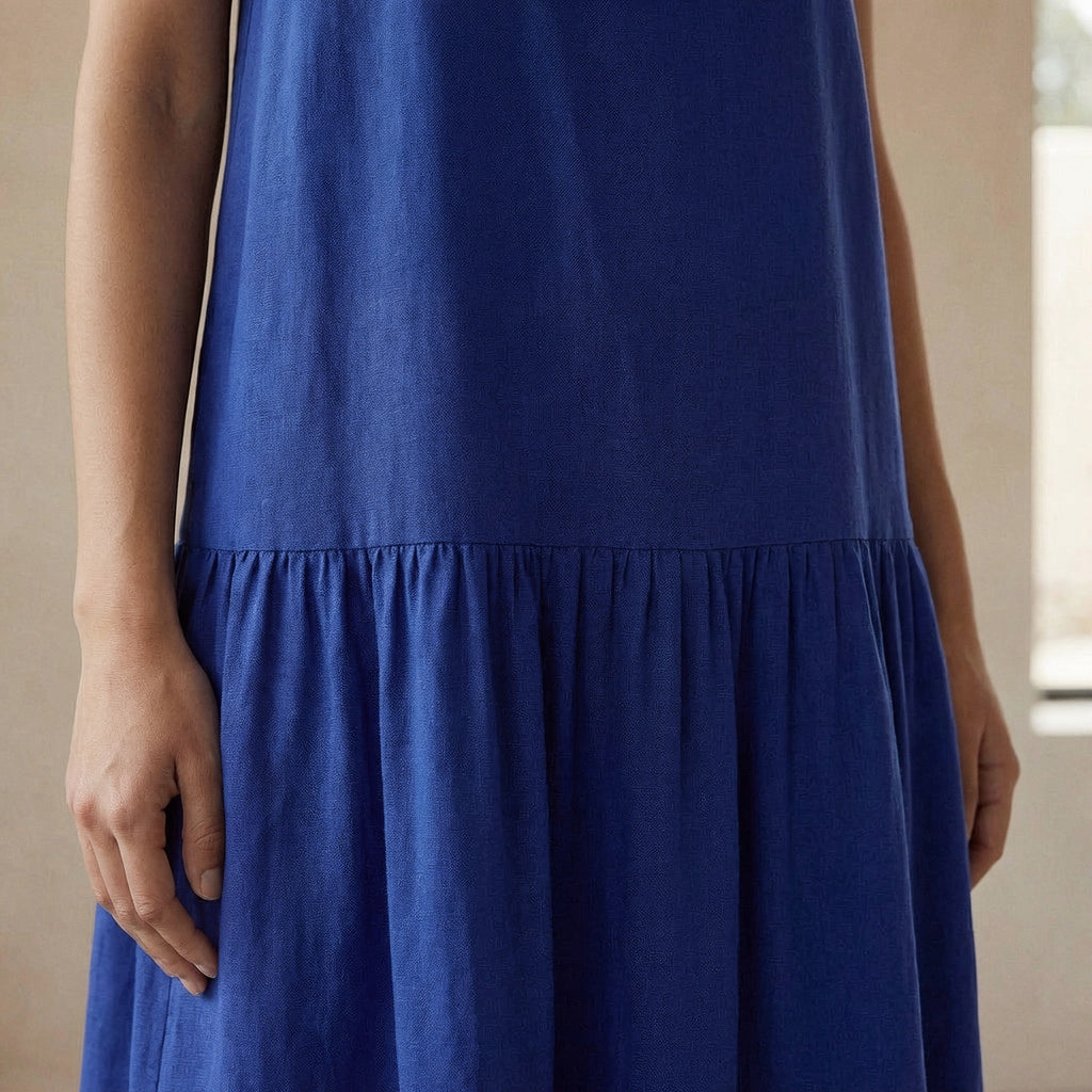 Blue Cotton Poplin Drop-Waist Camisole Maxi Tier Dress