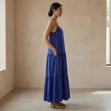 Blue Cotton Poplin Drop-Waist Camisole Maxi Tier Dress